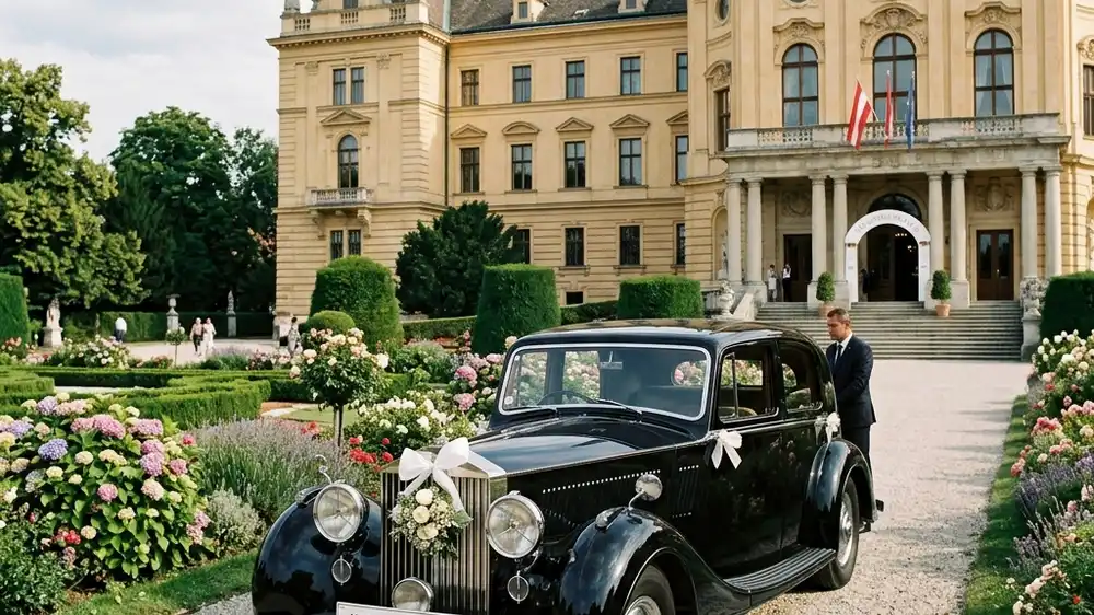 Luxury wedding chauffeur vehicle parked at historic Austrian palace