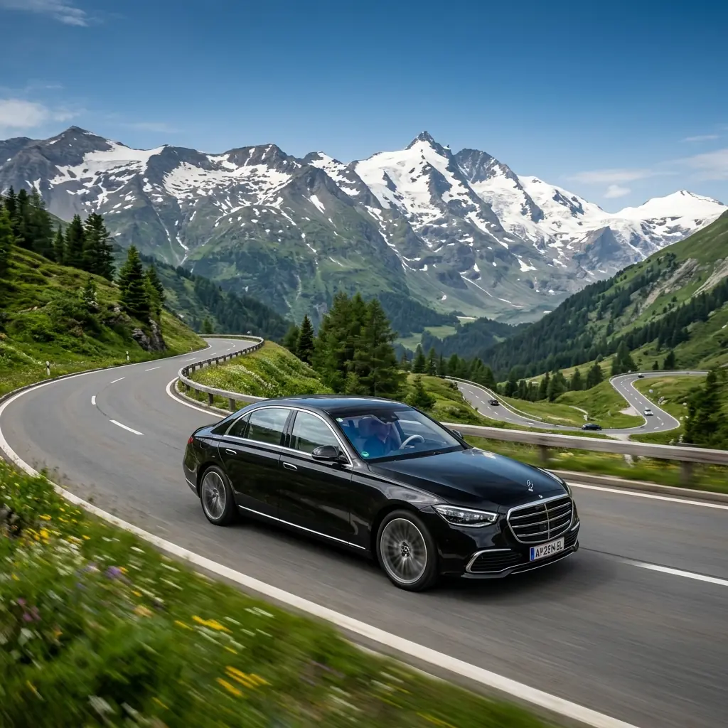 Luxury sedan on scenic Austrian alpine road