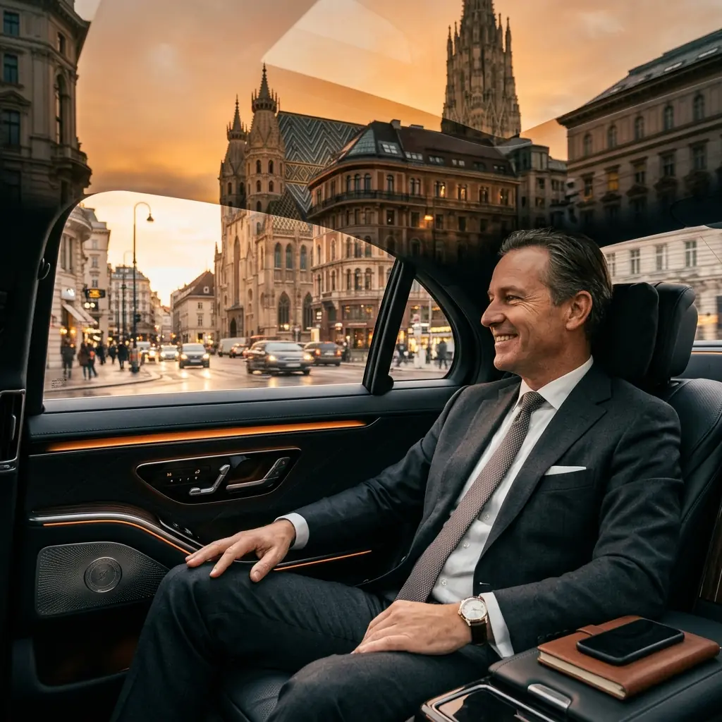 Client relaxing in the backseat of a luxury chauffeur driven Mercedes sedan in Vienna, Austria